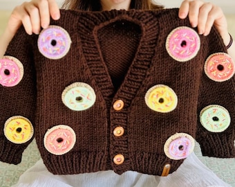 Donut Sprinkles Chunky Knit Cardigan, Dessert Lover Toddler Birthday Gift, Colorful Chocolate Doughnut Top, Handmade Donut Clothing For Kids