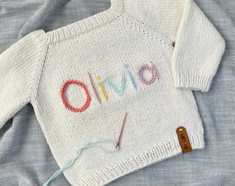 Custom Knit Colorful Embroidered Baby Name Sweater, Newborn Girl Coming Home Outfit, 2 Year Old Girl Gift, Baby Girl First Birthday Gift