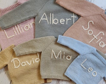 Personalized Handmade Sweater With Name Embroidered For Baby, Hand Knit Birthday Jumper For Toddler, Custom Gift Newborn Boy and Girl Outfit