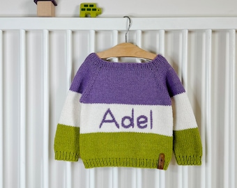 Hand Knit Color Block Name Sweater for Toddler, Personalized Gift 1 Years Old, Letter Sweater, Baby Monthly Milestone, Mardi Gras Outfit