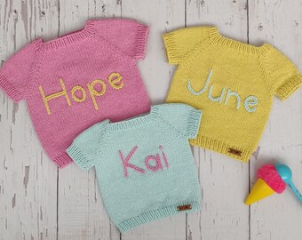 Personalized Short Sleeve Summer Name Sweater, Spring Pregnancy Announcement Idea, Handmade Keepsake Gift For Expecting Mom, Birthday Gift