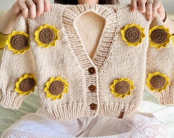 Hand Knitted Sunflower Chunky Wool Cardigan, Wintage Custom Cardigan With Fall Colors For Little Girl, 3D Autumn Bomber Jacket For Toddler