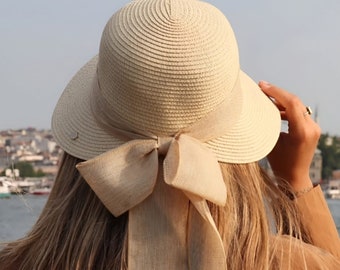 Women’s Organic Straw Bow Hat, Women’s Beach Hat, Straw Hat for Women, Travel Hat, Straw Visor Hat, Stylish Bow Detail Mother Day Gift