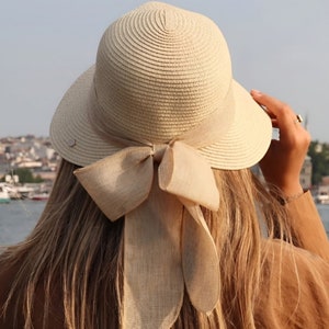 Women’s Organic Straw Bow Hat, Women’s Beach Hat, Straw Hat for Women, Travel Hat, Straw Visor Hat, Stylish Bow Detail Mother Day Gift