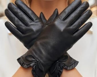 Women’s Genuine Leather Gloves with Bow Detail – Lined Elegant Winter Gloves