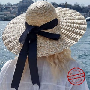 Organic Wide-Brimmed Straw Hat With Chin Strap Ribbons,Handmade Summer Hat For Women,Stylish Travel Hat,Straw Visor Hat