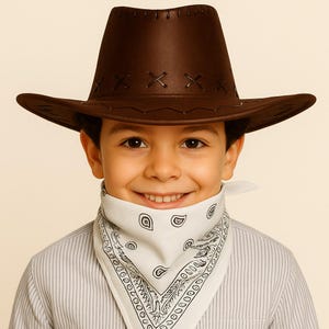 Brown Kids Cowboy Hat with Bandana, PU Suede Western Hat for Boys Aged 8–14, Costume & Dress-Up Accessory, Wild West Style