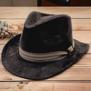 Black Unisex Nubuck Cowboy Fedora Hat, Adjustable Suspender Drawstring, Vintage Man Hat, Vintage Cowboy Hat for Her