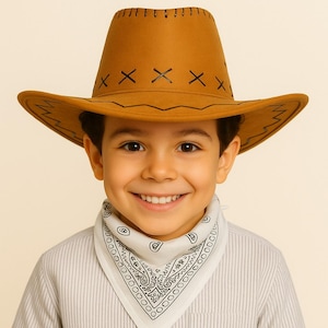Tan Kids Cowboy Hat with Bandana – Adjustable PU Suede Western Hat for Boys and Girls Ages 8–14 – Dress-Up or Costume Party Accessory