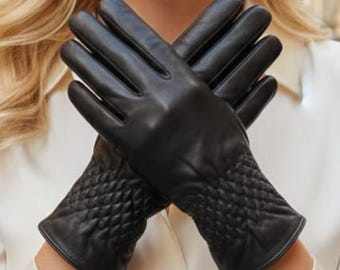 Women’s Genuine Leather Gloves – Quilted Diamond Pattern, Lined Winter Gloves for Elegant Style