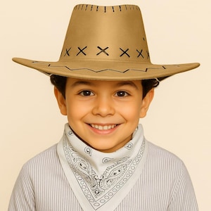 Dark Beige Kids Cowboy Hat with Bandana, Adjustable PU Suede Western Hat for Boys & Girls Ages 8–14, Wild West Costume Accessory