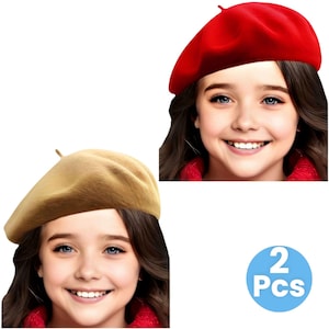 2 Pcs Girls French Beret Hat Set – Red & Color Mix, Toddler Artist Style Winter Caps, Stylish Kids Outfit Accessory, Felt Hat Gift for Girl