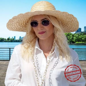 Organic Wide-Brimmed Straw Hat With Golden Chains,Handmade Summer Hat For Women,Stylish Travel Hat,Straw Visor Hat