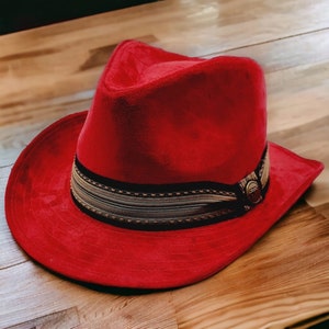 Red Unisex Nubuck Cowboy Fedora Hat, Adjustable Suspender Drawstring, Western Style Cowboy Hat, Vintage Cowboy Hat