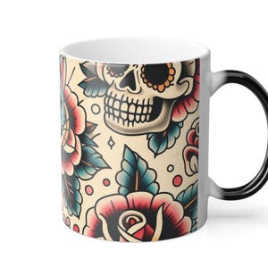 Skull Cat Tattoo Color Morphing Mug - Gothic Halloween Coffee Cup