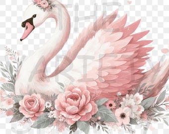 Pink Swan Floral PNG, Cottage Paris Design (Digital Download)