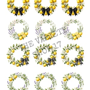 May include: A digital sheet featuring twelve circular wreath designs arranged in four rows. The wreaths display yellow lemons, green leaves, white blossoms, and lavender sprigs, with some accented by black or black-and-white polka dot bows.