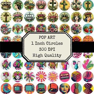Op de afbeelding: Een verzameling pop-art cirkels, elk ongeveer 2,5 cm in diameter, met diverse ontwerpen. De cirkels tonen kronen, kruisen, bloemstukken en retro beelden, waaronder vissen, een televisie en een platenspeler. De afbeeldingstekst luidt "POP ART 1 Inch Circles 300 DPI High Quality."