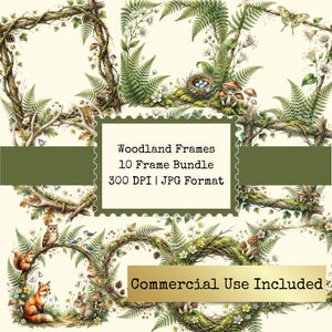 May include: A digital collection of woodland frames featuring illustrations of ferns, mushrooms, pinecones, and forest animals like a fox, owl, and rabbit. The text reads Woodland Frames 10 Frame Bundle 300 DPI | JPG Format and Commercial Use Included.
