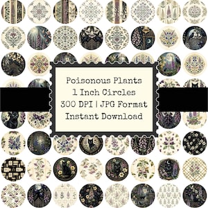 Puede incluir: Una hoja de collage digital con numerosos diseños circulares de 2,54 cm con ilustraciones de gatos negros, plantas venenosas y patrones botánicos. El texto central dice: Poisonous Plants, 1 Inch Circles, 300 DPI | JPG Format, Instant Download.