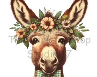 Floral Donkey PNG: Whimsical Cottagecore Design (Digital Download)