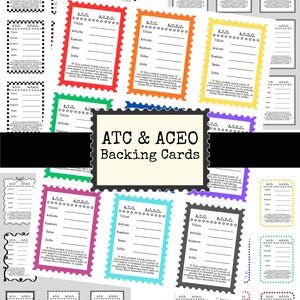 以下が含まれることがあります： さまざまなデザインと色のATC & ACEOバックカードのコレクション。カードには切手のようなボーダーがあり、タイトル、アーティスト、番号、日付、情報のためのスペースがあります。「ATC & ACEO Backing Cards」というテキストが表示されています。
