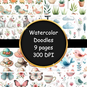 Watercolor Doodles, digital download, Birds, rabbits, hats, chickens, Junk Journals, Altered Art, Artist trading cards, Mixed Media, Flowers
