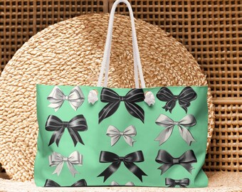 Coquette Weekender Tote Bag: Black and White Bows on Turquoise