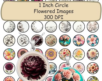May include: A collection of 1-inch circle floral images, including pendants with flower designs. The image features various flower illustrations in circles, some in color and others in black and white. The text in the image reads: "1 Inch Circle Flowered Images 300 DPI."