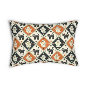 Halloween Ghost and Black Cat Lumbar Pillow | Spooky Pattern Throw Pillow