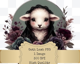 Gothic Lamb Clipart, Dark Floral Animal PNG (Digital Download)