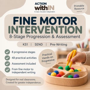 May include: A printable resource titled Fine Motor Intervention 8-Stage Progression & Assessment. The graphic features text, checkmarks, and a wooden tray with colorful felt balls being manipulated by yellow plastic tweezers for skill development.