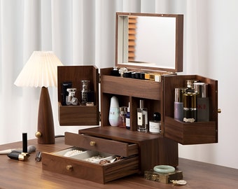 Luxuriöse Make-up-Organizer-Box aus massivem Walnussholz, extra große Kosmetik-Schmuck-Aufbewahrungsbox aus Holz mit Schublade, Beauty-Tools, Damen-Organizer für Sie