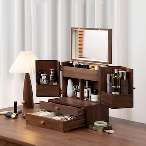 Luxury Solid Walnut Makeup Organizer Box, Extra Large Wood Cosmetic Jewelry Storage Box with Drawer, Beauty Tools, Women Organizer for Her