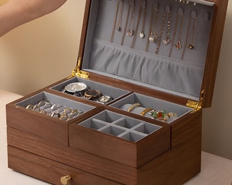 Benutzerdefinierte Holz Schmuckschatulle, ziehen Schubladen mit Glas Schmuck Box Case Lagerung, Ohrring Armband Halskette Ring Uhr Organizer, Geschenk für sie