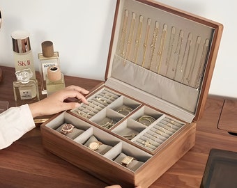 Caja de joyería personalizada de madera de 2 capas, organizador de joyas grande de madera maciza de nogal para almacenamiento de anillos de collar de pulsera de pendientes, regalo para ella