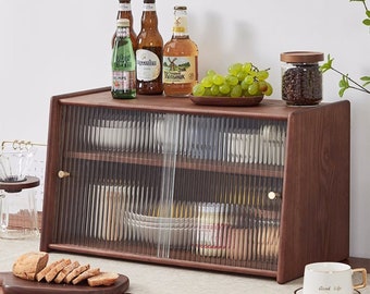 Solid Wood Dining-table Cabinet with Glass, 2 Layer Desktop Storage, Box Storage of Tableware, Coffee Storage Shelf, Tableware Organizer
