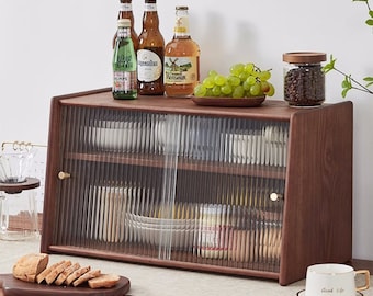 Massivholz Esstischschrank mit Glas, 2-Schicht-Tischplattenablage, Geschirrboxen, Kaffeelagerregal, Geschirrveranstalter