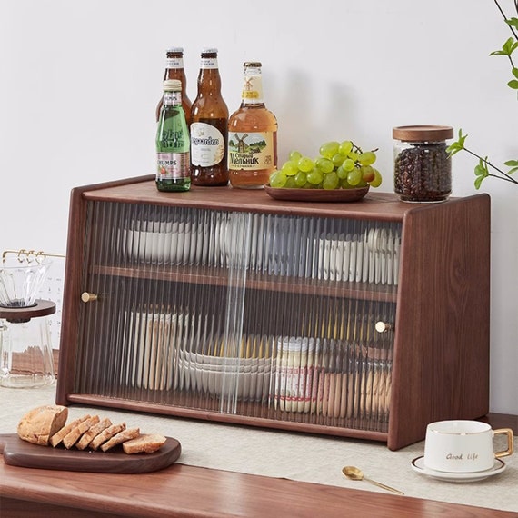 Solid Wood Dining-table Cabinet with Glass, 2 Layer Desktop Storage, Box Storage of Tableware, Coffee Storage Shelf, Tableware Organizer