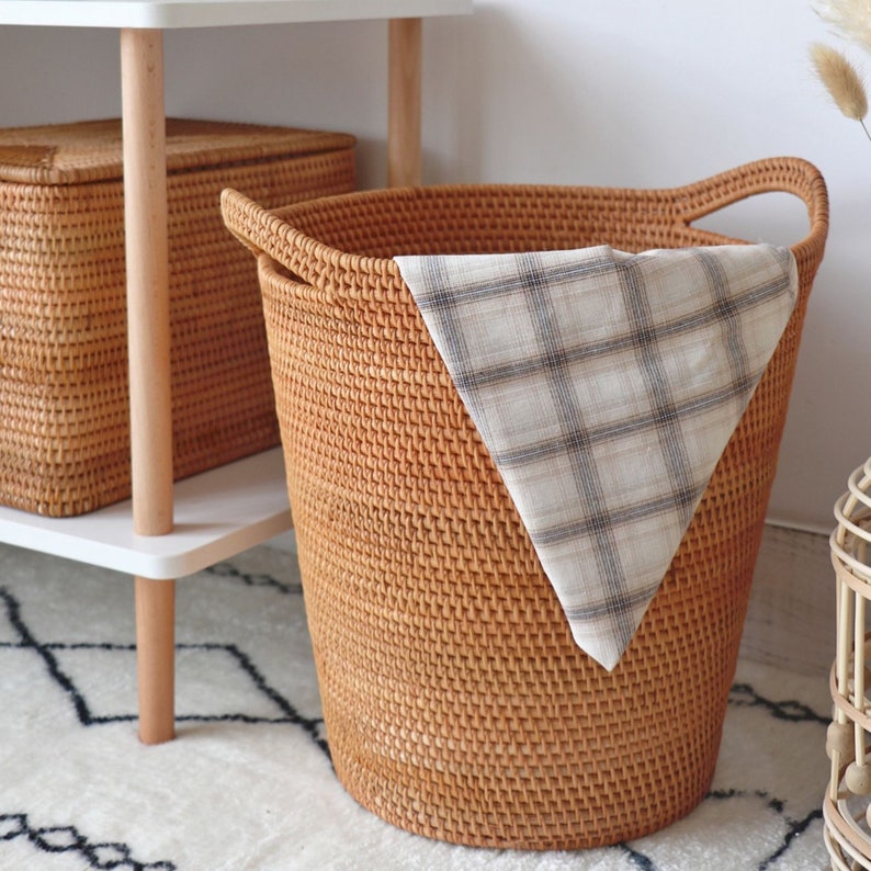 Handmade round laundry hamper storage basket home decor, Rattan Laundry Basket, for Home Cloth Bathroom Living Room Storage Housewarming image 5