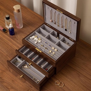 Benutzerdefinierte Xtra Large Schmuckschatulle 3 5-Schicht, Holz Schmuck Box Fall Lagerung, Ohrring Armband Halskette Ring Uhr Veranstalter, Geschenk für Frauen