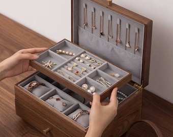 3 Layer Personalized Solid Walnut Jewelry Box, Jewelry Case for Earring Bracelet Ring Necklace Watch, Large Jewelry Organizer Storage Box