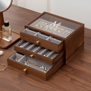 Personalisierte 2 3 4 5-Schicht-Glasdeckel Schmuckschatulle, Holzschmuckschatulle Fall Lagerung, Ohrring Armband Halskette Ring Organizer, Geschenk für sie