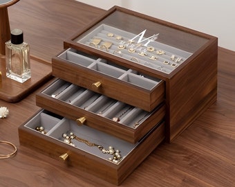 Caja de joyería personalizada con tapa de vidrio de 2 3 4 5 capas, almacenamiento de caja de joyería de madera, organizador de anillos de collar de pulsera de pendientes, regalo para ella