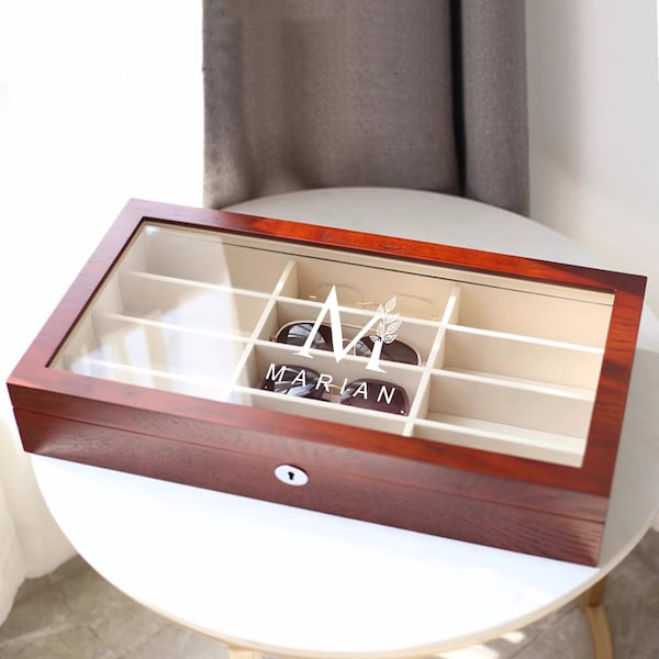 Personalisierte Luxus Brillenbox aus Holz, Brillen Vitrine, Brillenbox mit Schublade, Brillenaufbewahrung, Geschenk für sie, Brillenhalter