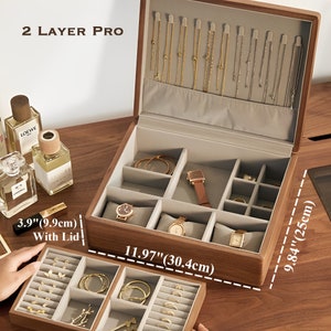 Caja de joyería personalizada de madera de 2 capas, organizador de joyas grande de madera maciza de nogal para almacenamiento de anillos de collar de pulsera de pendientes, regalo para ella imagen 10