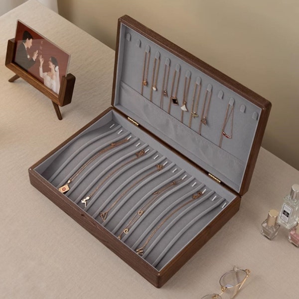 Solid Walnut Long Necklace Box, Wood/Glass Lid Necklace Bracelet Storage Organizer, High-End Jewelry Box, Jewelry Case Box, Gift for Her