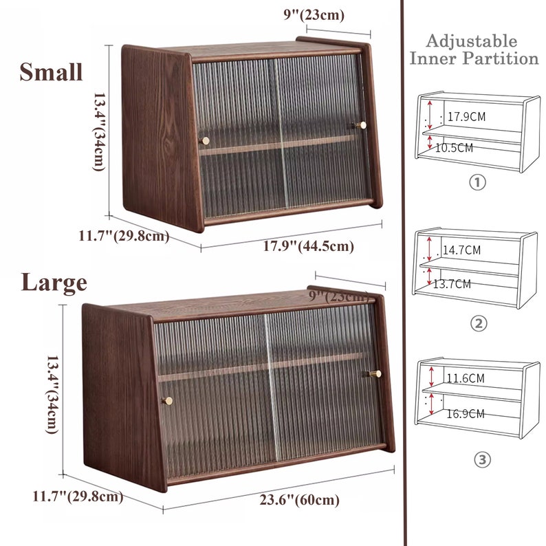 May include: Two wooden display cabinets with glass doors and adjustable shelves. The smaller cabinet measures 13.4 inches tall, 11.7 inches wide, and 9 inches deep. The larger cabinet measures 13.4 inches tall, 11.7 inches wide, and 23.6 inches deep. The cabinets have a dark wood finish and brass handles.