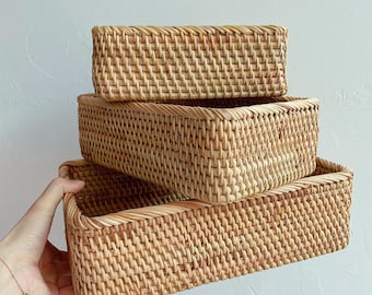 Handmade Rectangle Woven Fruit Wood Rattan Tray Basket for Home Cosmetic Clothes Bathroom Living Room Storage Housewarming Gift