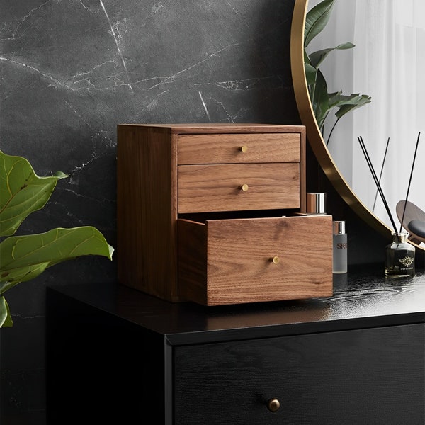 Personalisieren Massivem Holz Nussbaum 3-Schicht Schublade Aufbewahrungsbox, Desktop Multi-Layer Schublade Aufbewahrungsbox, Schmuckschatulle, Makeup Aufbewahrungsschrank